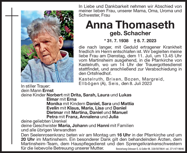 Traueranzeige von Anna Thomaseth von Dolomiten