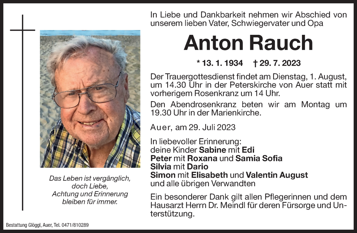  Traueranzeige für Anton Rauch vom 31.07.2023 aus Dolomiten