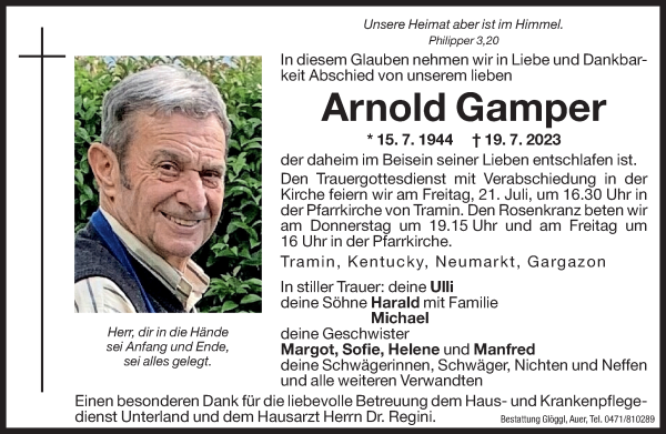 Traueranzeige von Arnold Gamper von Dolomiten
