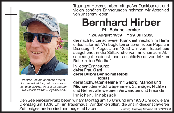 Traueranzeige von Bernhard Hirber von Dolomiten