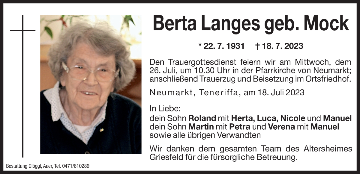  Traueranzeige für Berta Langes vom 21.07.2023 aus Dolomiten