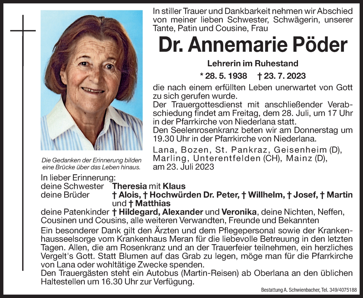  Traueranzeige für Dr. Annemarie Pöder vom 25.07.2023 aus Dolomiten