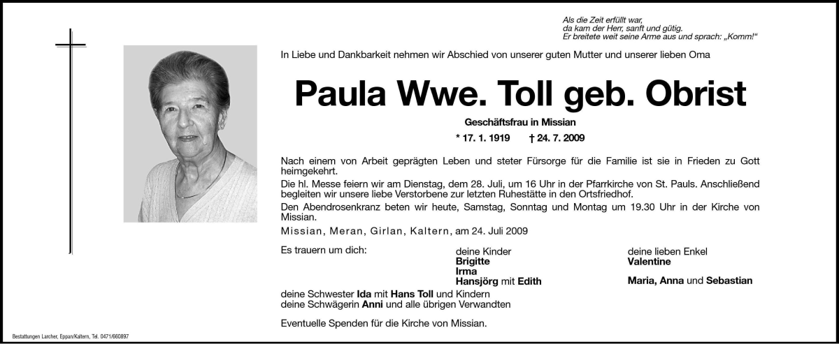  Traueranzeige für Paula Toll vom 25.07.2009 aus Dolomiten