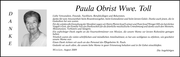Traueranzeige von Paula Toll von Dolomiten