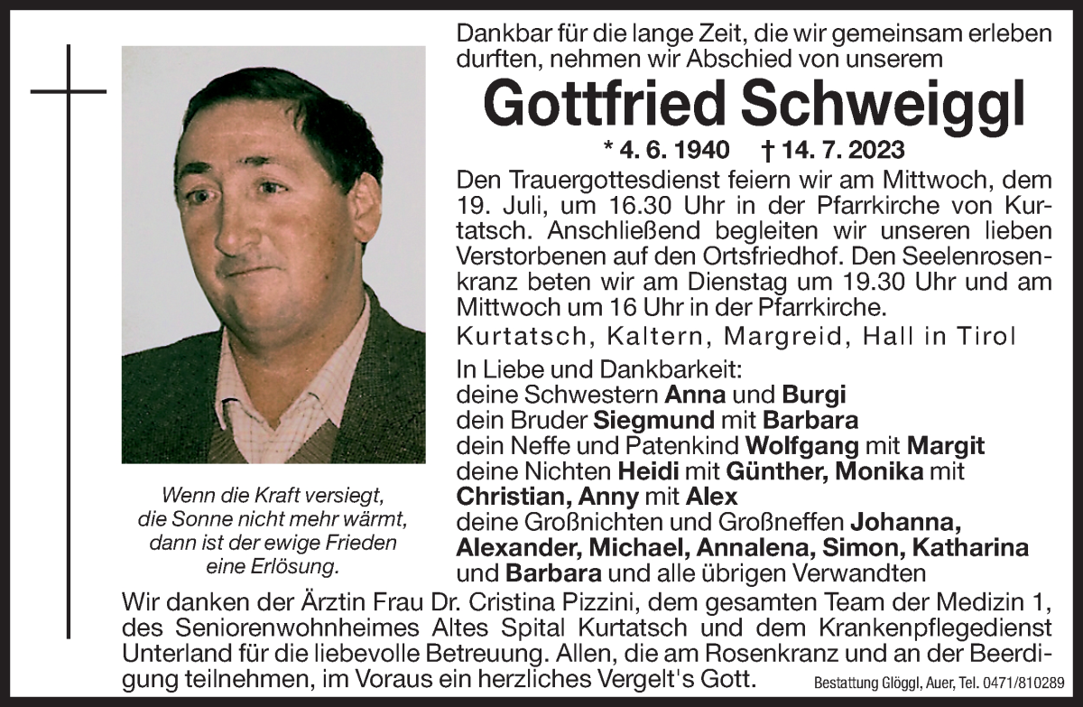  Traueranzeige für Gottfried Schweiggl vom 17.07.2023 aus Dolomiten