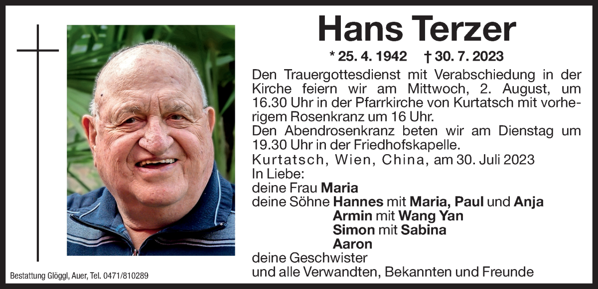  Traueranzeige für Hans Terzer vom 31.07.2023 aus Dolomiten