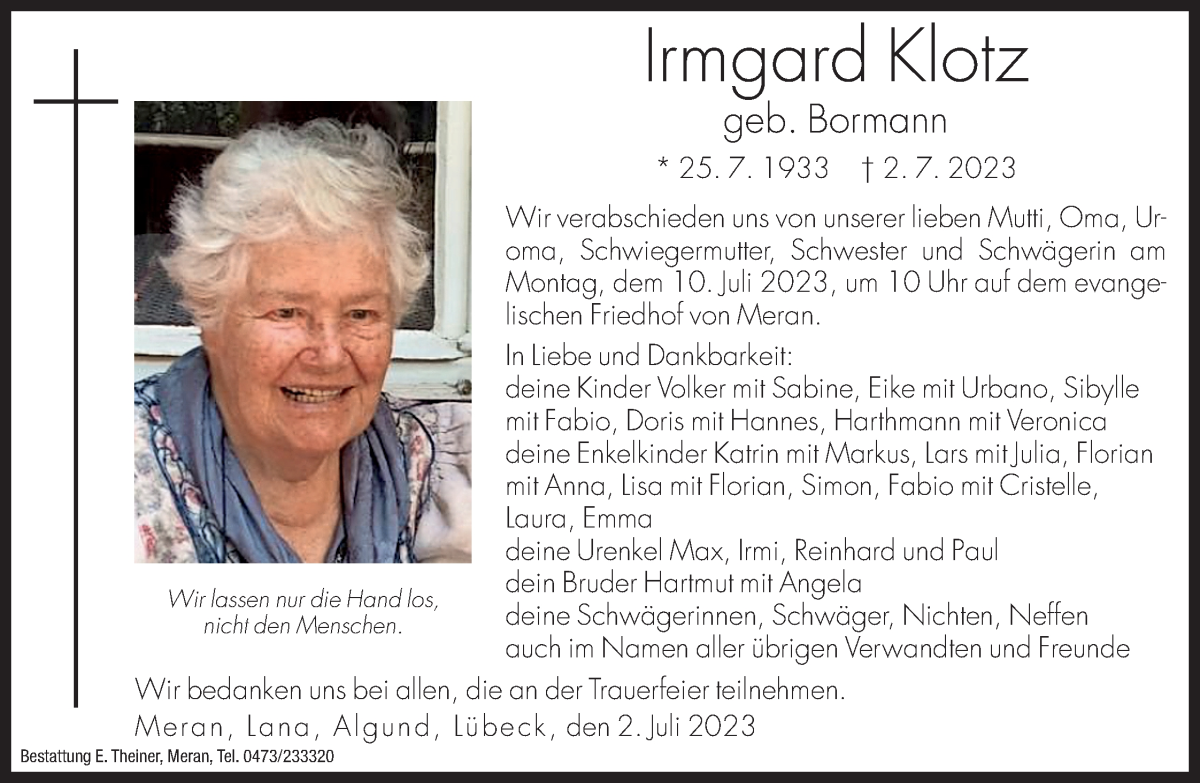  Traueranzeige für Irmgard Klotz vom 07.07.2023 aus Dolomiten