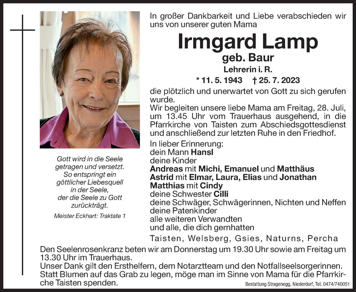  Traueranzeige für Irmgard Lamp vom 27.07.2023 aus Dolomiten