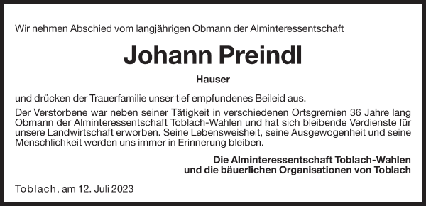 Traueranzeige von Johann Preindl von Dolomiten