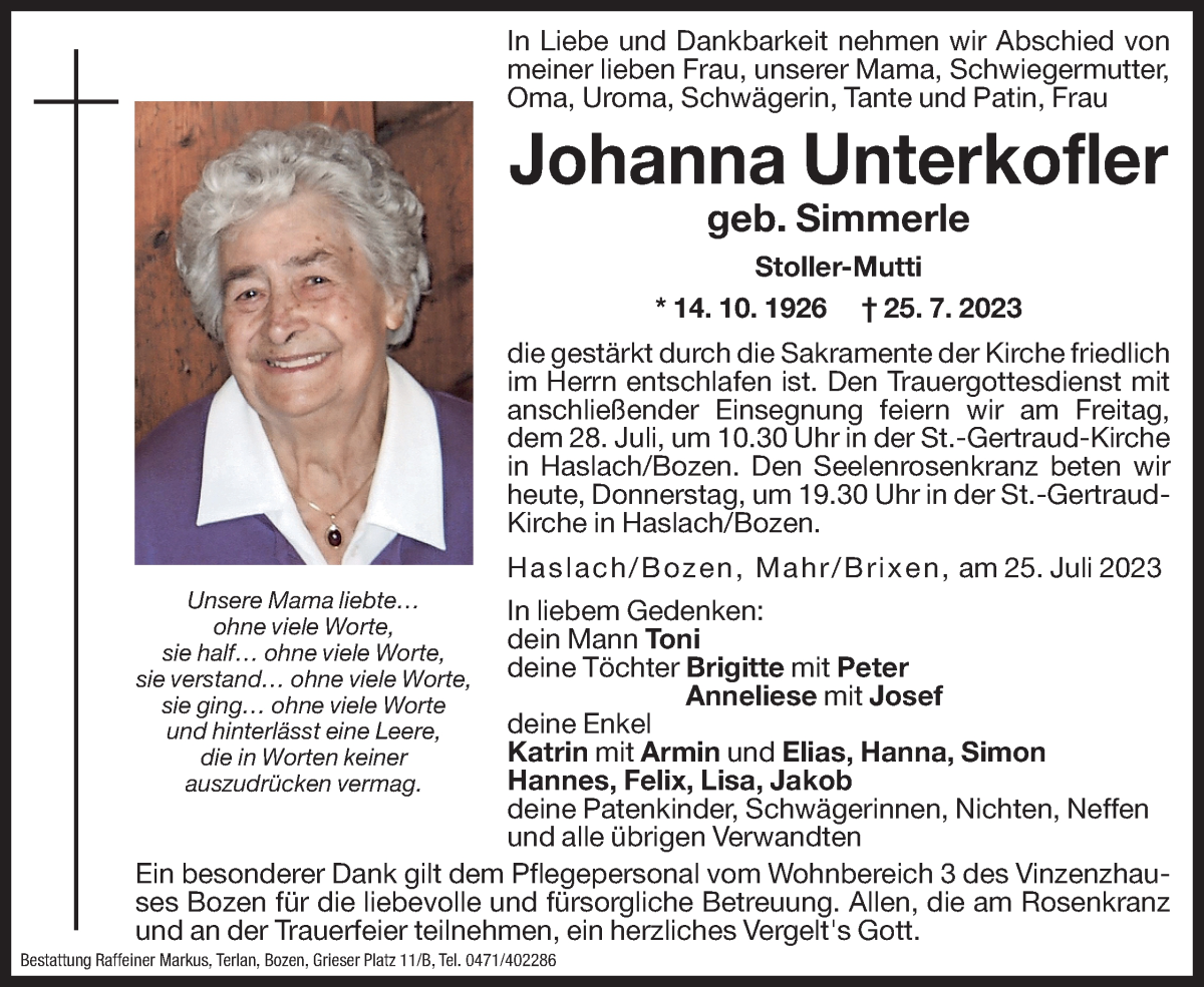  Traueranzeige für Johanna Unterkofler vom 27.07.2023 aus Dolomiten