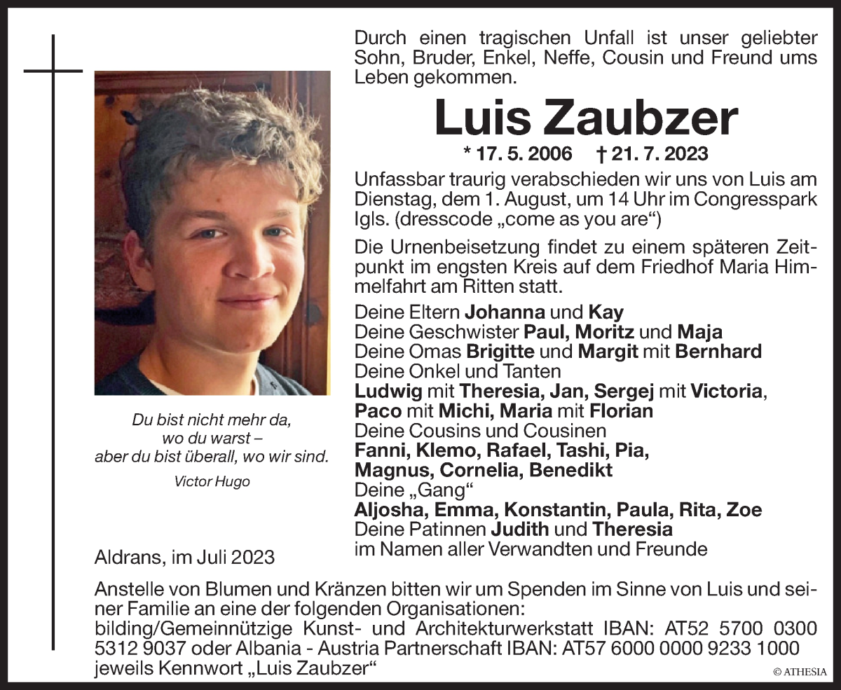  Traueranzeige für Luis Zaubzer vom 29.07.2023 aus Dolomiten