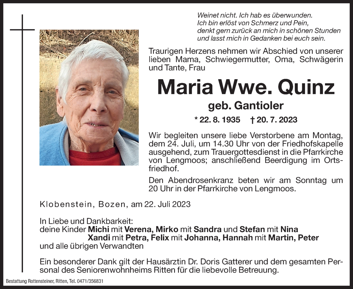  Traueranzeige für Maria Quinz vom 22.07.2023 aus Dolomiten