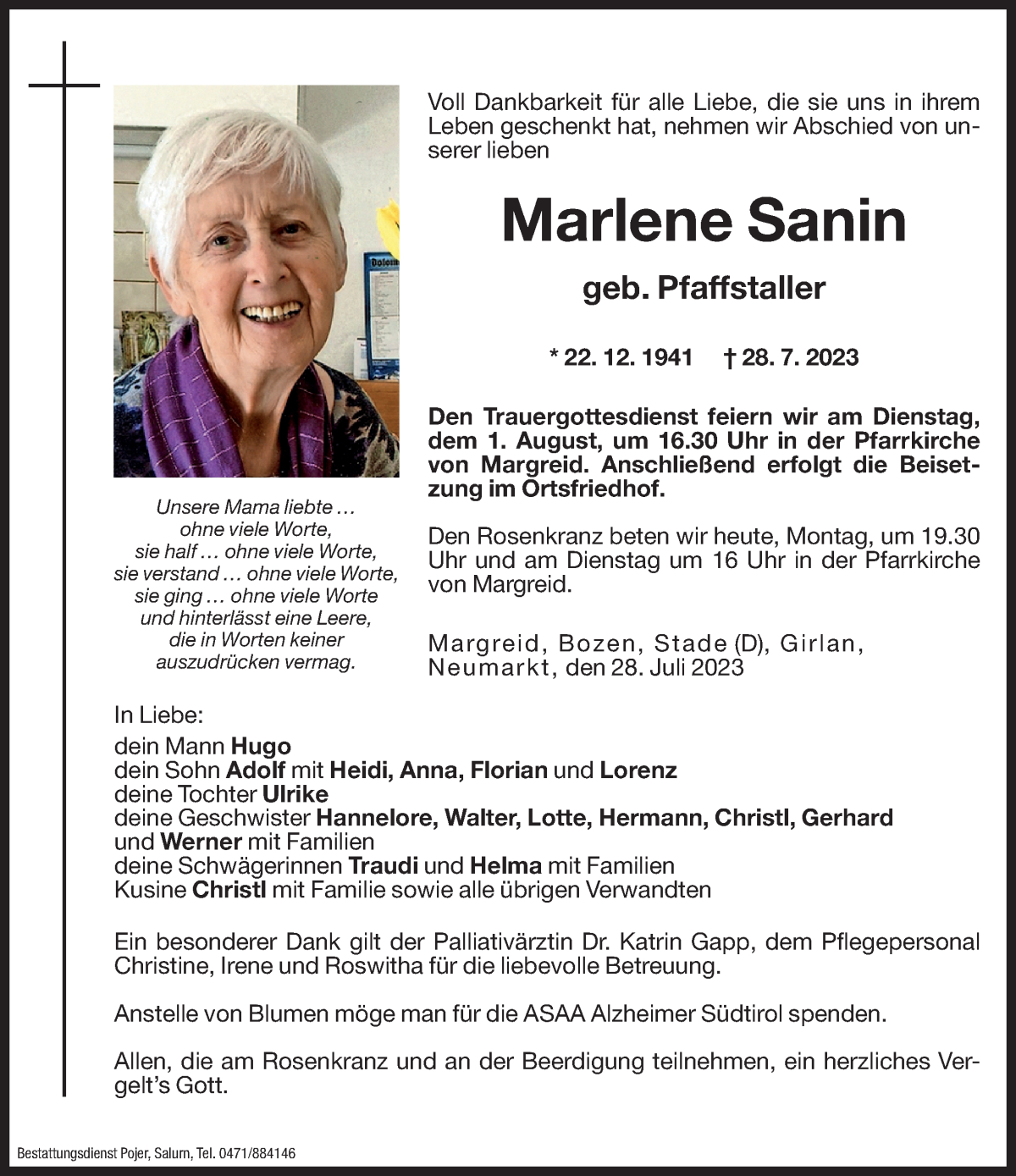  Traueranzeige für Marlene Sanin vom 31.07.2023 aus Dolomiten