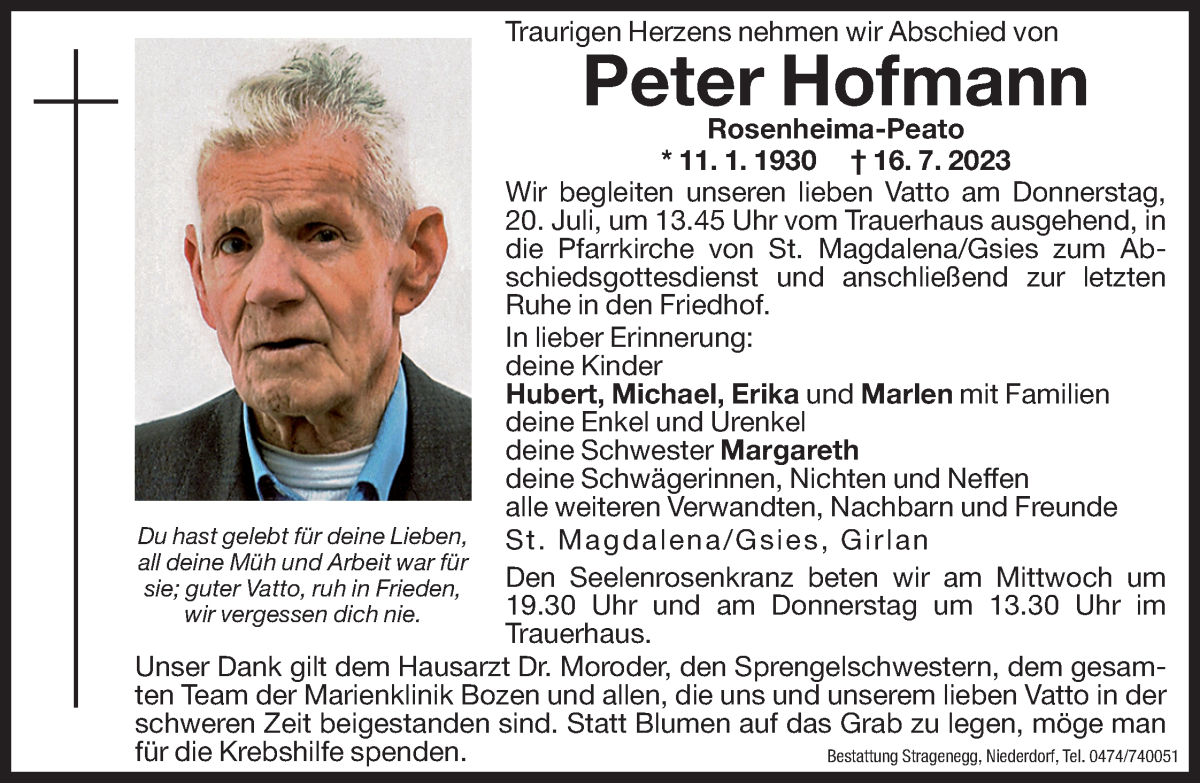  Traueranzeige für Peter Hofmann vom 18.07.2023 aus Dolomiten