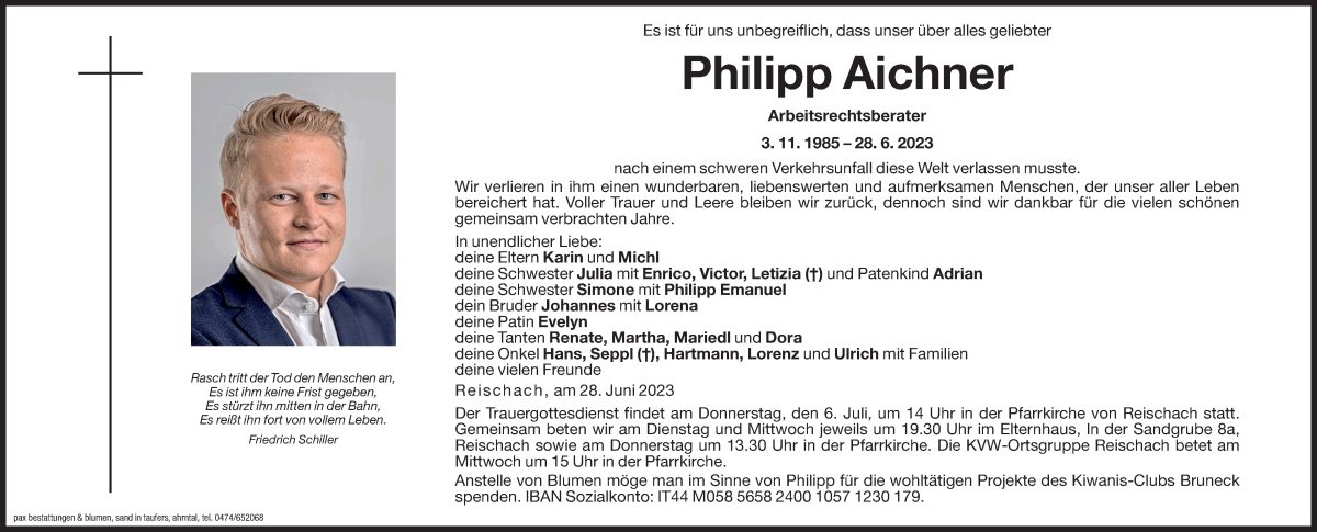  Traueranzeige für Philipp Aichner vom 04.07.2023 aus Dolomiten