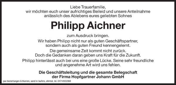 Traueranzeige von Philipp Aichner von Dolomiten