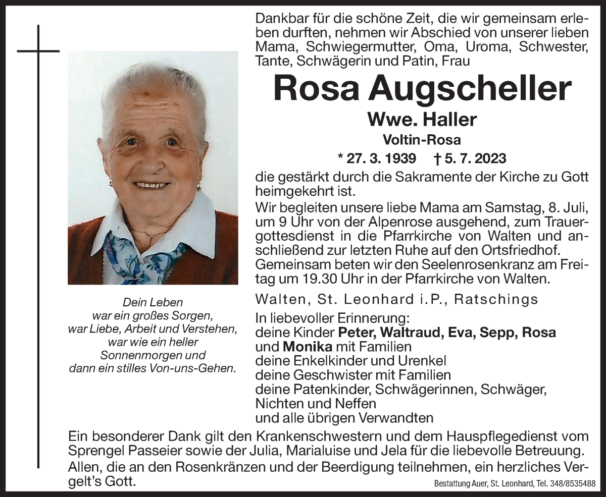  Traueranzeige für Rosa Haller vom 07.07.2023 aus Dolomiten