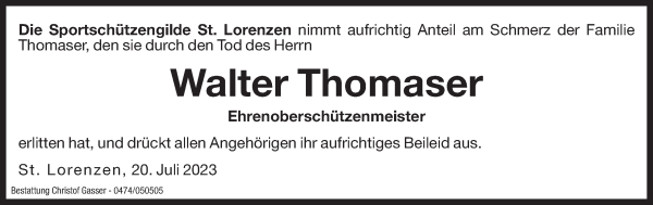 Traueranzeige von Walter Thomaser von Dolomiten