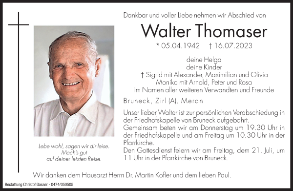 Traueranzeige von Walter Thomaser von Dolomiten