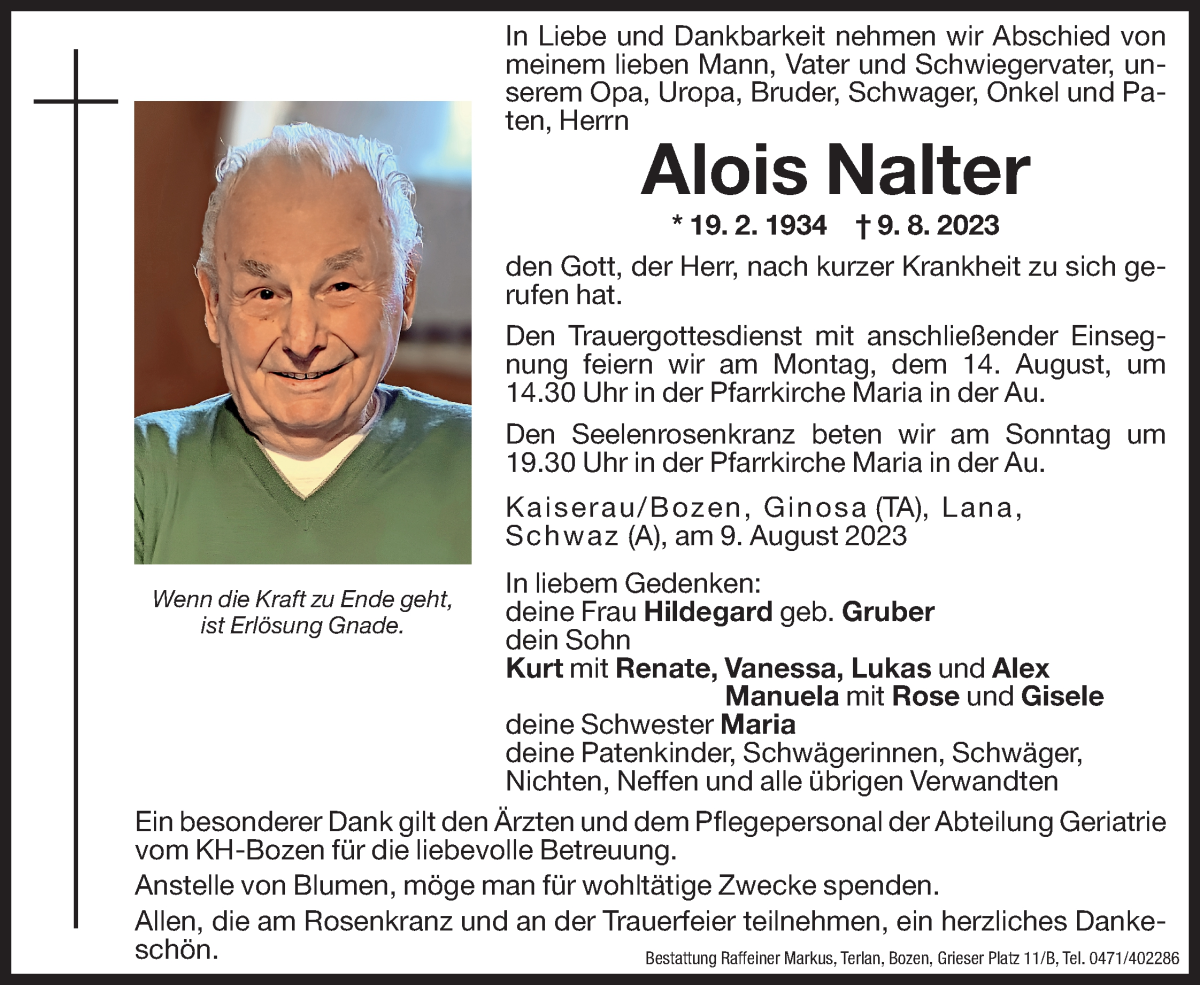  Traueranzeige für Alois Nalter vom 11.08.2023 aus Dolomiten