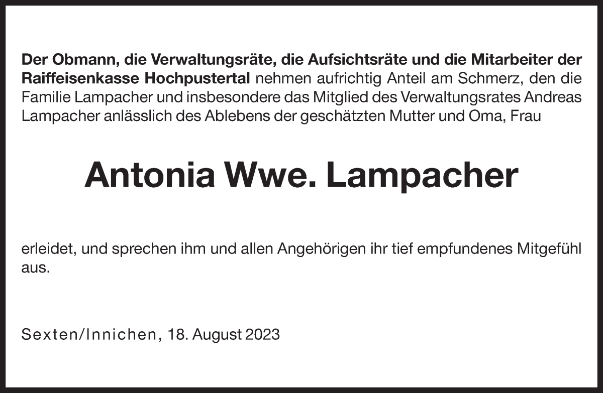  Traueranzeige für Antonia Lampacher vom 19.08.2023 aus Dolomiten