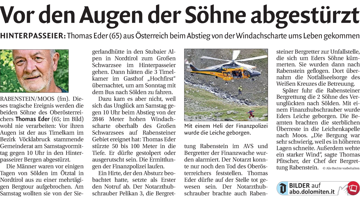  Traueranzeige für Thomas Eder vom 07.08.2023 aus Dolomiten