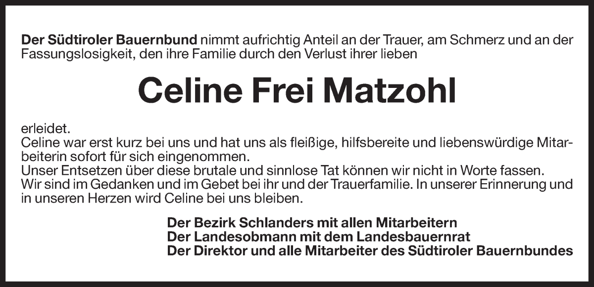  Traueranzeige für Celine Frei Matzohl vom 19.08.2023 aus Dolomiten