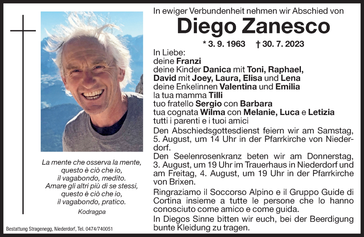  Traueranzeige für Diego Zanesco vom 03.08.2023 aus Dolomiten