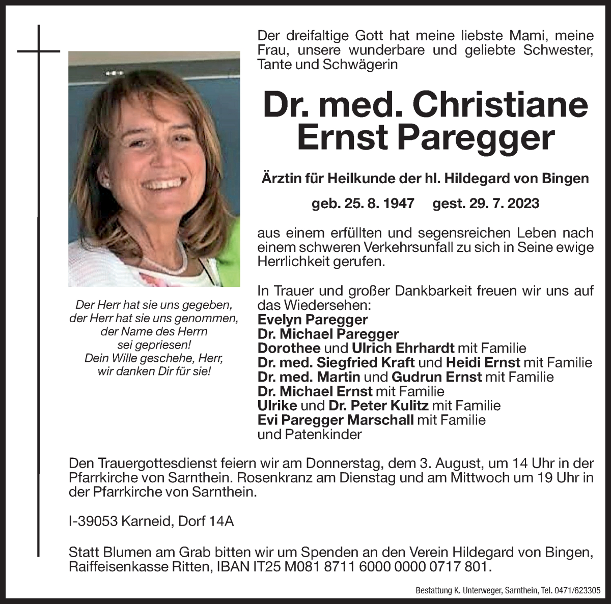  Traueranzeige für Dr. med. Christiane Ernst Paregger vom 01.08.2023 aus Dolomiten