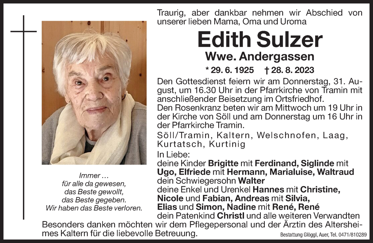  Traueranzeige für Edith Andergassen vom 29.08.2023 aus Dolomiten