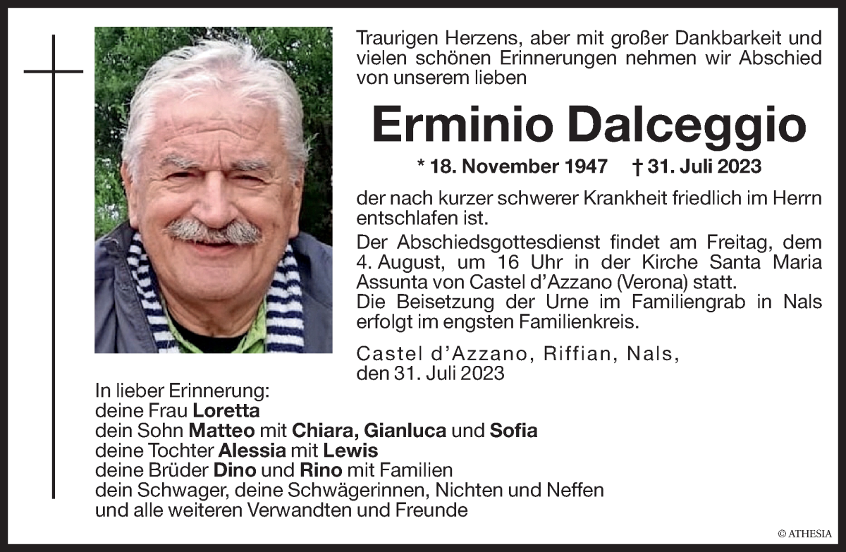 Traueranzeige für Erminio Dalceggio vom 03.08.2023 aus Dolomiten