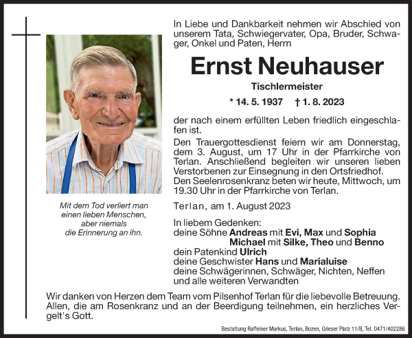 Traueranzeigen Von Ernst Neuhauser | Trauer.bz