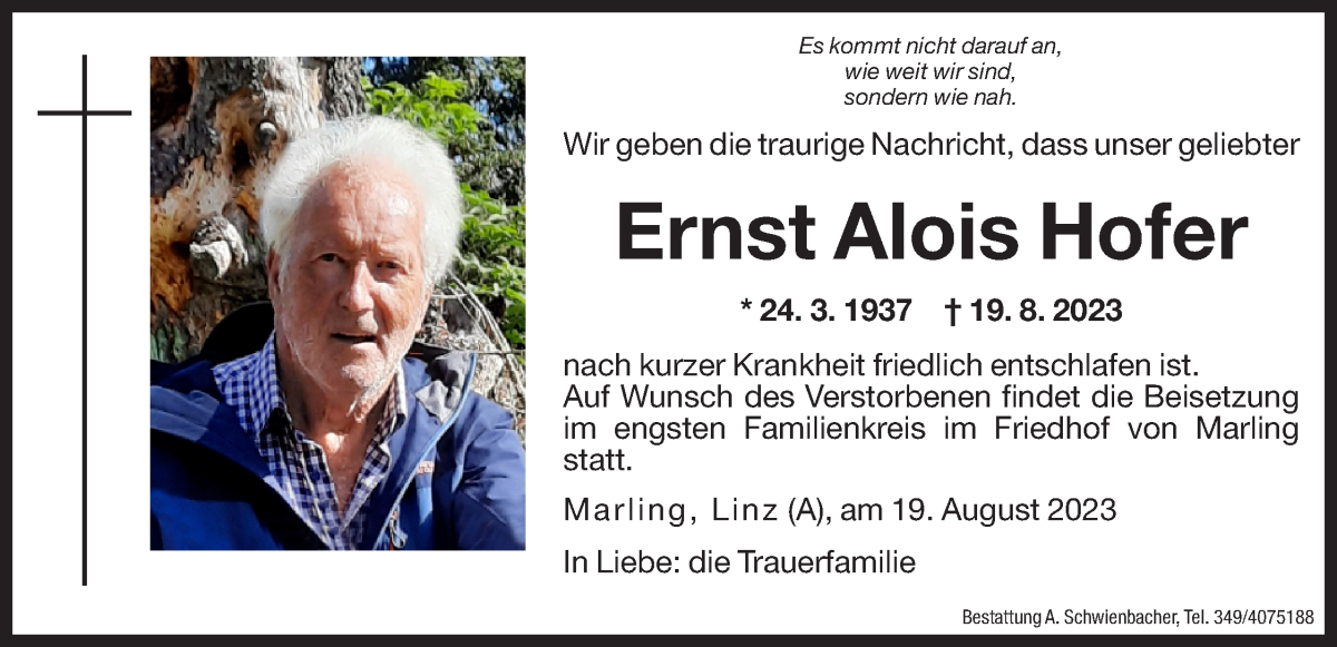  Traueranzeige für Ernst Alois Hofer vom 25.08.2023 aus Dolomiten