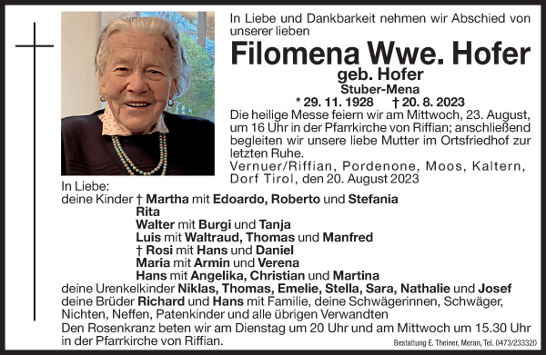 Traueranzeige von Filomena Hofer von Dolomiten