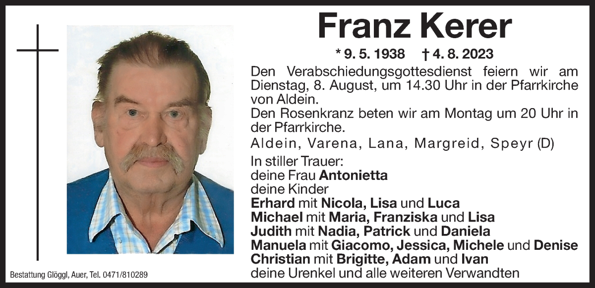  Traueranzeige für Franz Kerer vom 07.08.2023 aus Dolomiten