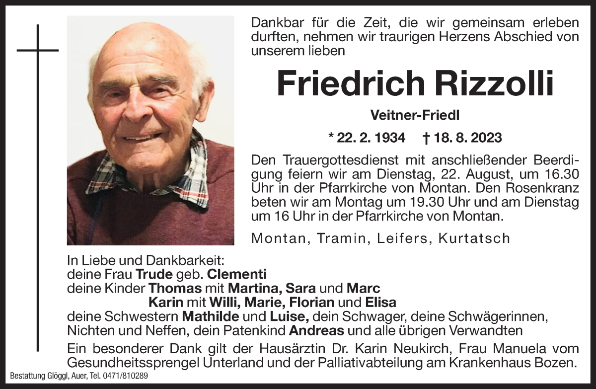  Traueranzeige für Friedrich Rizzolli vom 21.08.2023 aus Dolomiten
