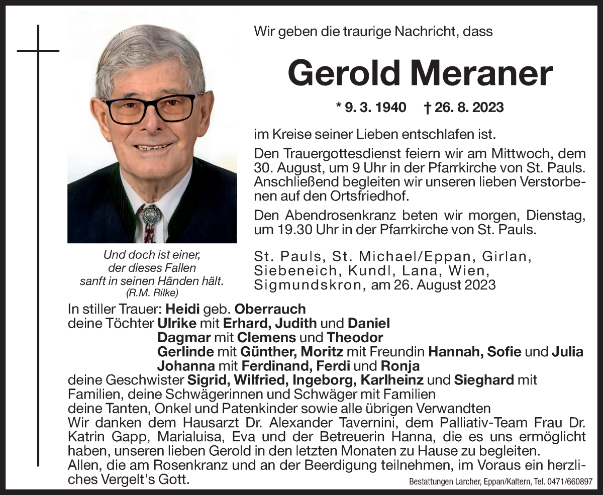  Traueranzeige für Gerold Meraner vom 28.08.2023 aus Dolomiten