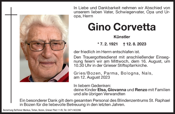 Traueranzeigen von Gino Corvetta Trauer.bz