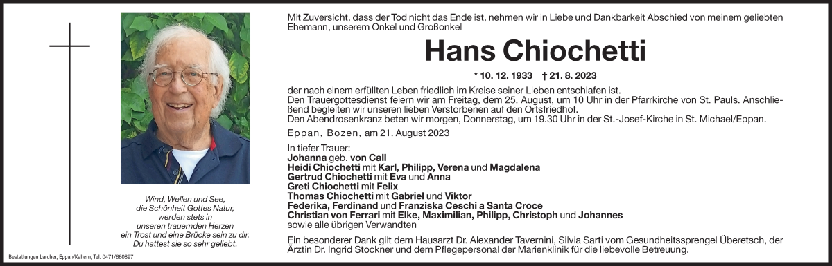  Traueranzeige für Hans Chiochetti vom 23.08.2023 aus Dolomiten