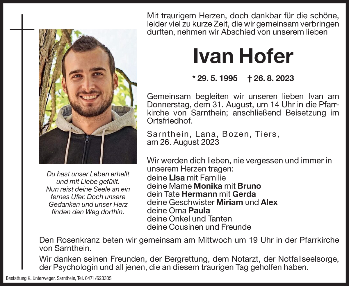  Traueranzeige für Ivan Hofer vom 30.08.2023 aus Dolomiten