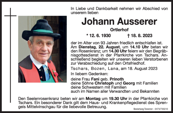 Traueranzeige von Johann Ausserer von Dolomiten