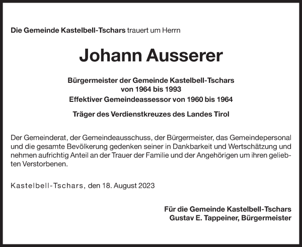 Traueranzeige von Johann Ausserer von Dolomiten