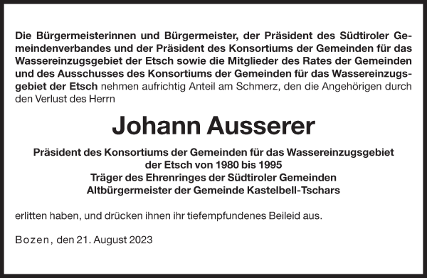 Traueranzeige von Johann Ausserer von Dolomiten