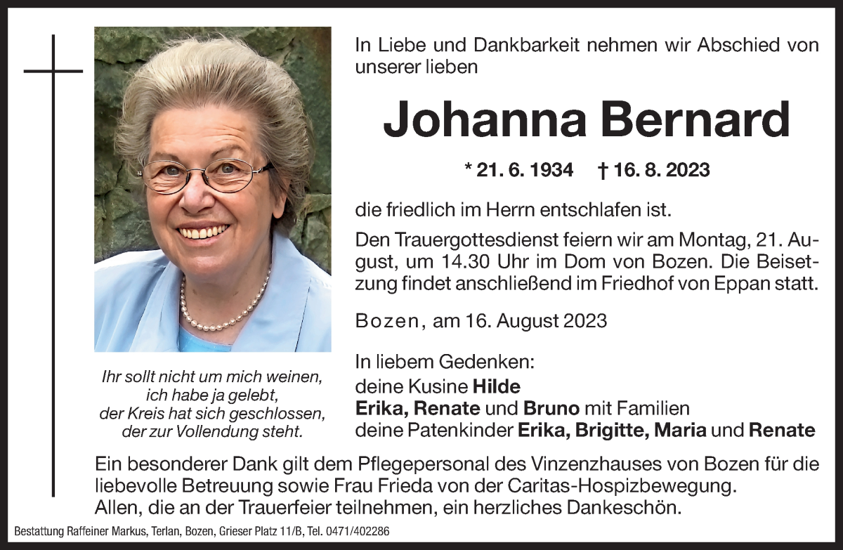  Traueranzeige für Johanna Bernard vom 18.08.2023 aus Dolomiten