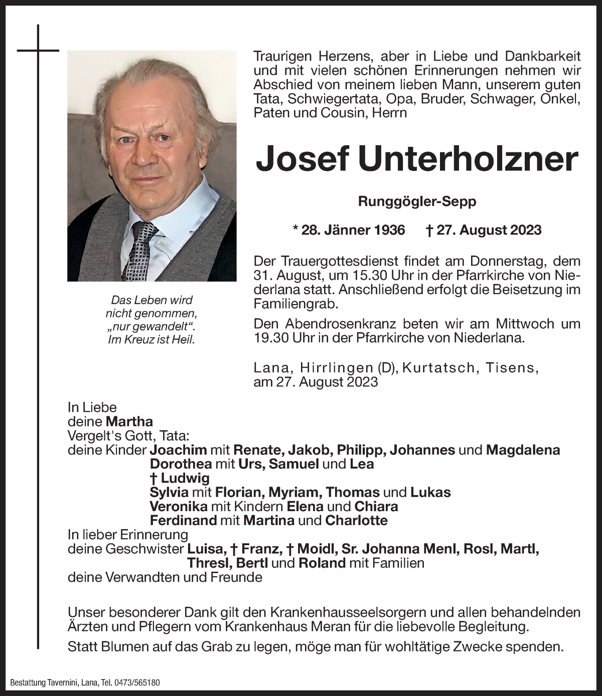  Traueranzeige für Josef Unterholzner vom 29.08.2023 aus Dolomiten
