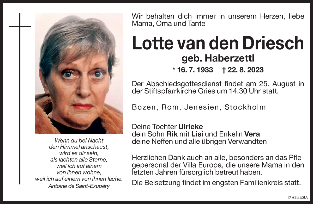  Traueranzeige für Lotte van den Driesch vom 24.08.2023 aus Dolomiten