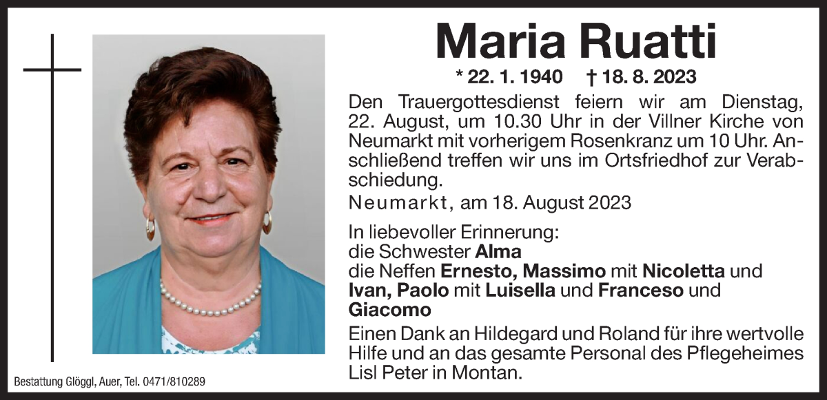  Traueranzeige für Maria Ruatti vom 21.08.2023 aus Dolomiten