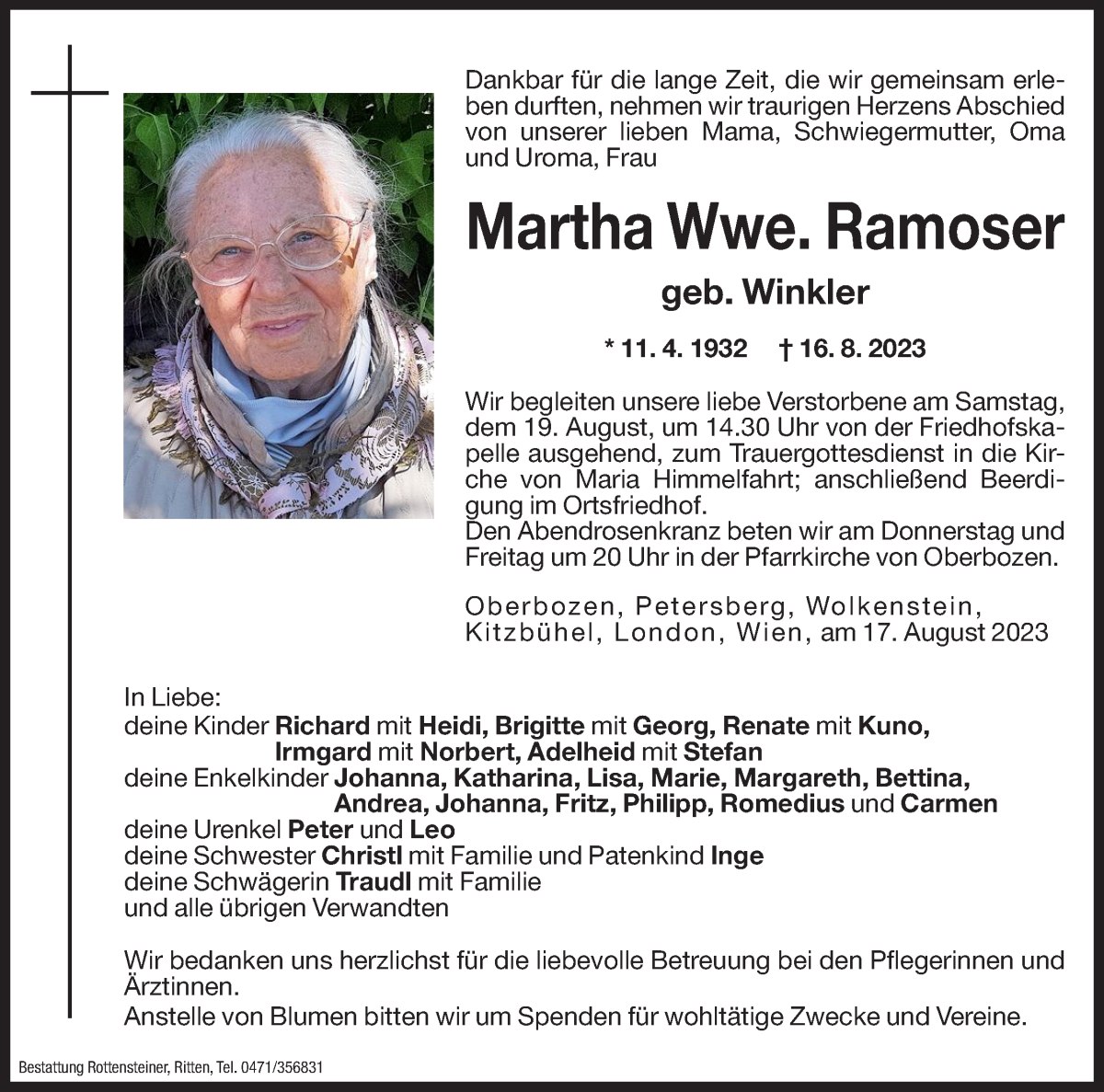  Traueranzeige für Martha Ramoser vom 17.08.2023 aus Dolomiten