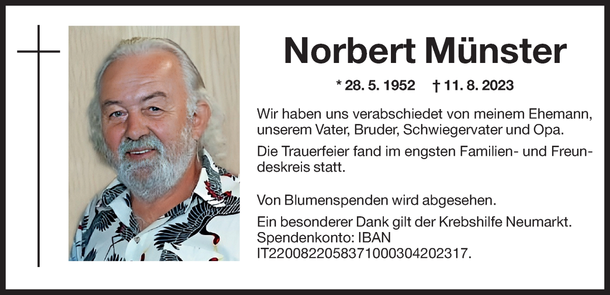  Traueranzeige für Norbert Münster vom 18.08.2023 aus Dolomiten