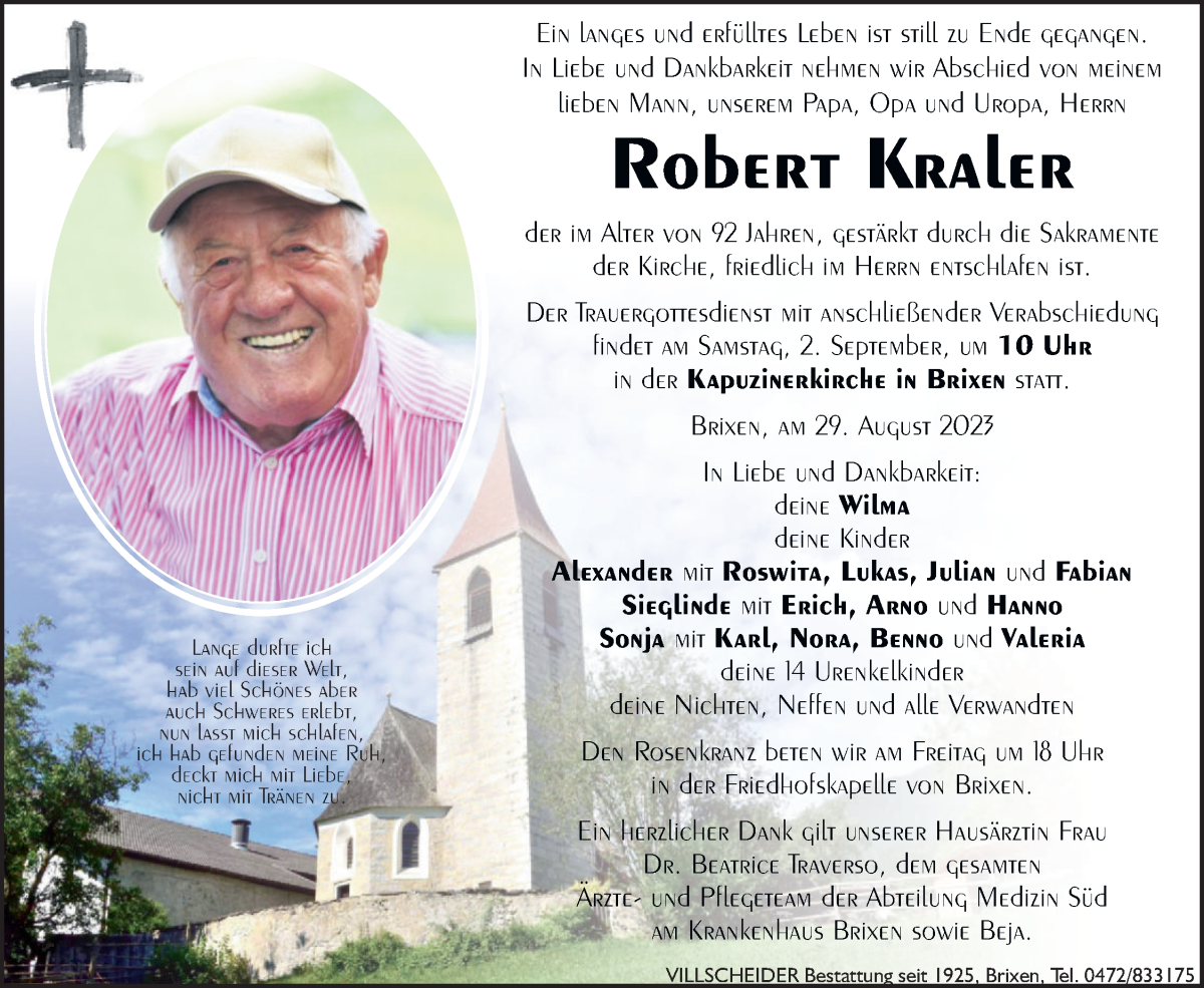  Traueranzeige für Robert Kraler vom 31.08.2023 aus Dolomiten
